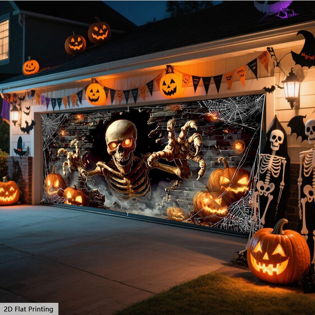 1pc Extra Large Halloween Garage Door Decoration - Scary Skull Breaking Through the Wall with Glowing Eyes, Spider Webs