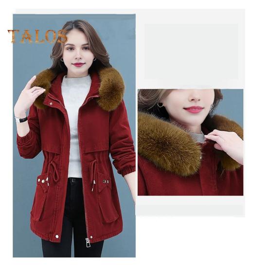 Winter Women Cotton Jacket with Furry Hood with Double Pockets Drawstring Waist Mid Length Zipper Closure Coat Solid Color Windproof Outwear Parka