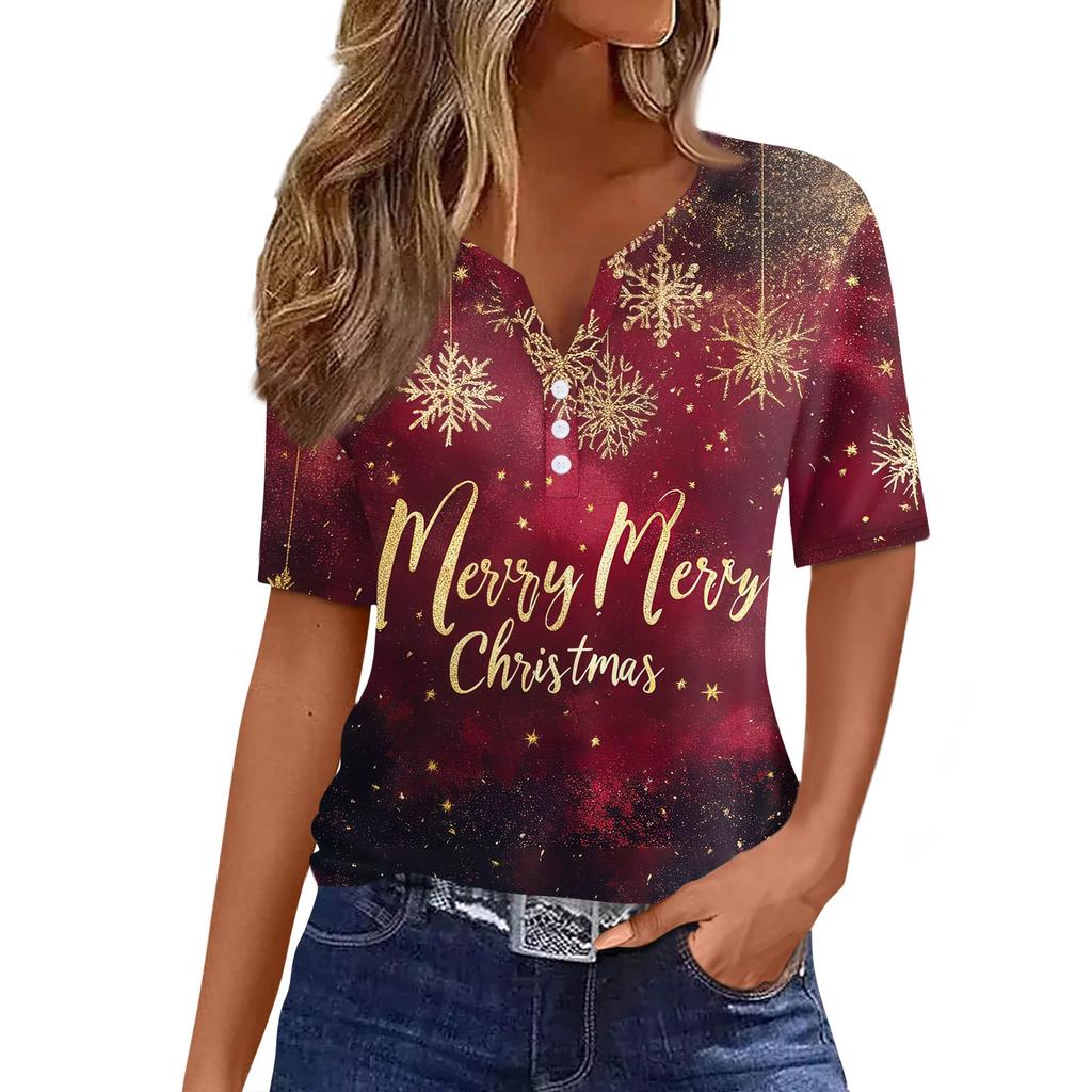 Women's T Shirt Christmas Print Button Short Sleeve Daily Weekend Fashion Basic V- Neck Regular Top