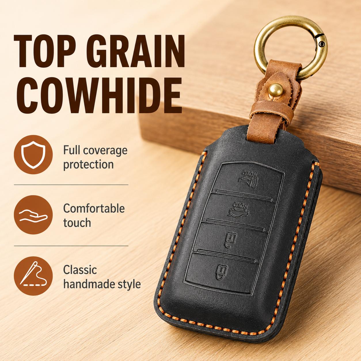 Handmade Genuine Leather Key Case for Hyundai Genesis Smart Key with Metal Ring чёрный