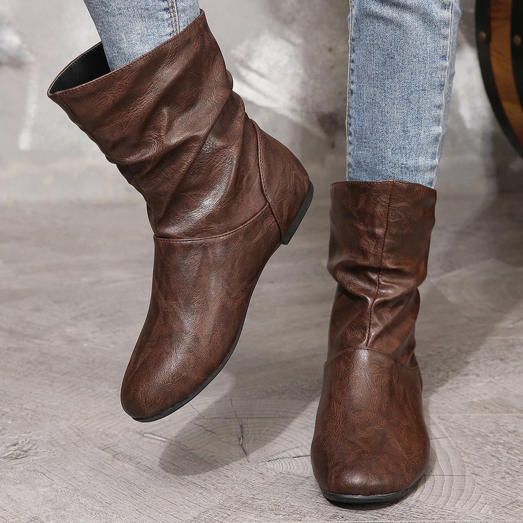 Short Boots Women's White Pleated Women's Boots Flat Bottomed Versatile Woman Boots Large Size
