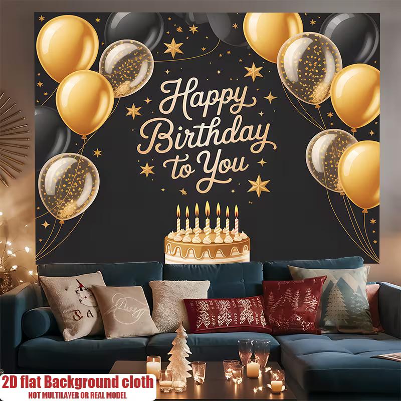 2D Happy Birthday To You Black Gold Balloon Background Cloth Birthday Party Decoration