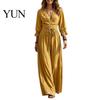 Loose Lace Dress Women V-Neck for Fall, 3/4 Sleeves Maxi with Autumn Outfits Belt, Solid Color Casual Long Vacation Daily Wear Sleeve