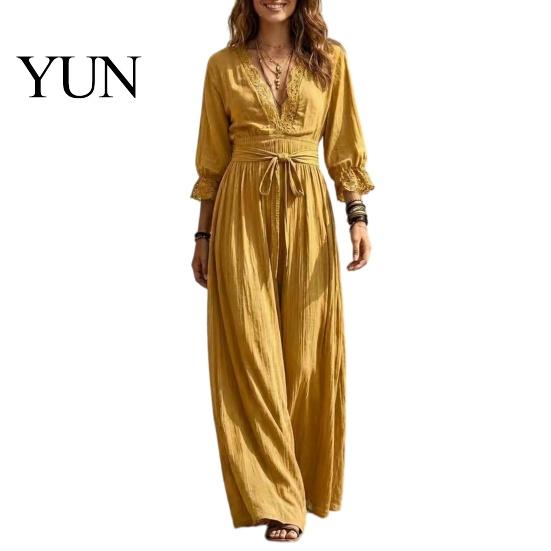 Loose Lace Dress Women V-Neck for Fall, 3/4 Sleeves Maxi with Autumn Outfits Belt, Solid Color Casual Long Vacation Daily Wear Sleeve