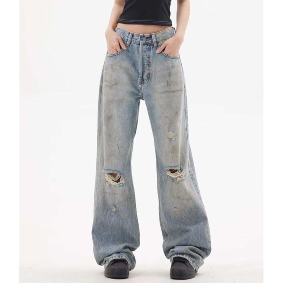 Street retro washed ripped jeans American new ins new loose straight casual pants