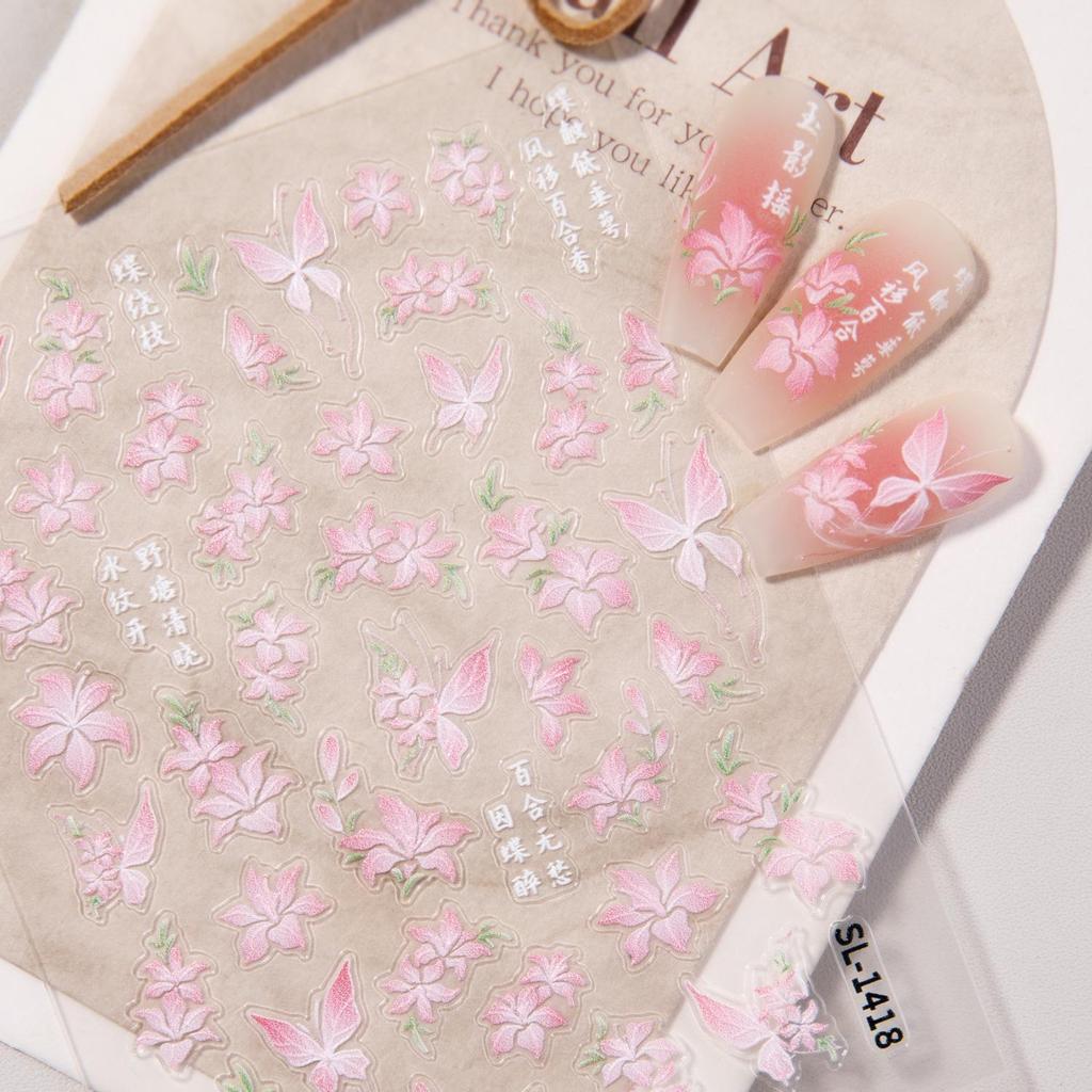 5D Embossed Pink Flower & Butterfly Nail Art Stickers - Charming DIY Nail Decals