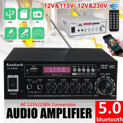 12/220V förstärkare HIFI 2 CH Ljudeffektförstärkare Hemmabioförstärkare Ljudstöd FM USB SD/fjärrkontroll