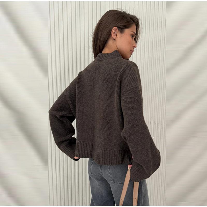 Strikket Ensfarget Dame Cardigan Løs Langermet Glidelås Dame Genser Casual Høst Vinter O-hals Rett Dame Overfrakk