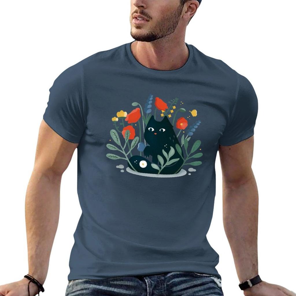 Black Cat In The Garden With Flowers Tshirt Plus Size Loose Short Sleeve Top