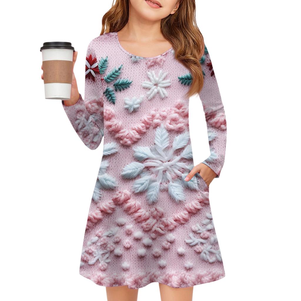Christmas Day Girls' Long Sleeve Dress - Color Pocket Dress