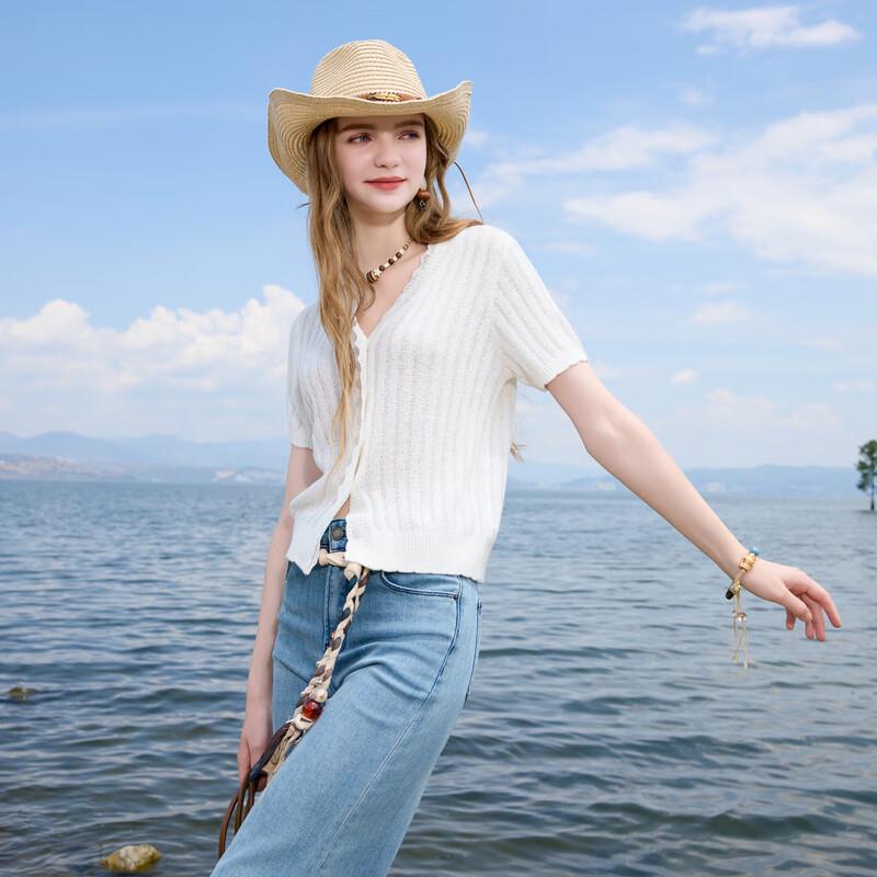 

Women s Textured V-Neck Short Sleeve Knit Cardigan with Lace Trim L