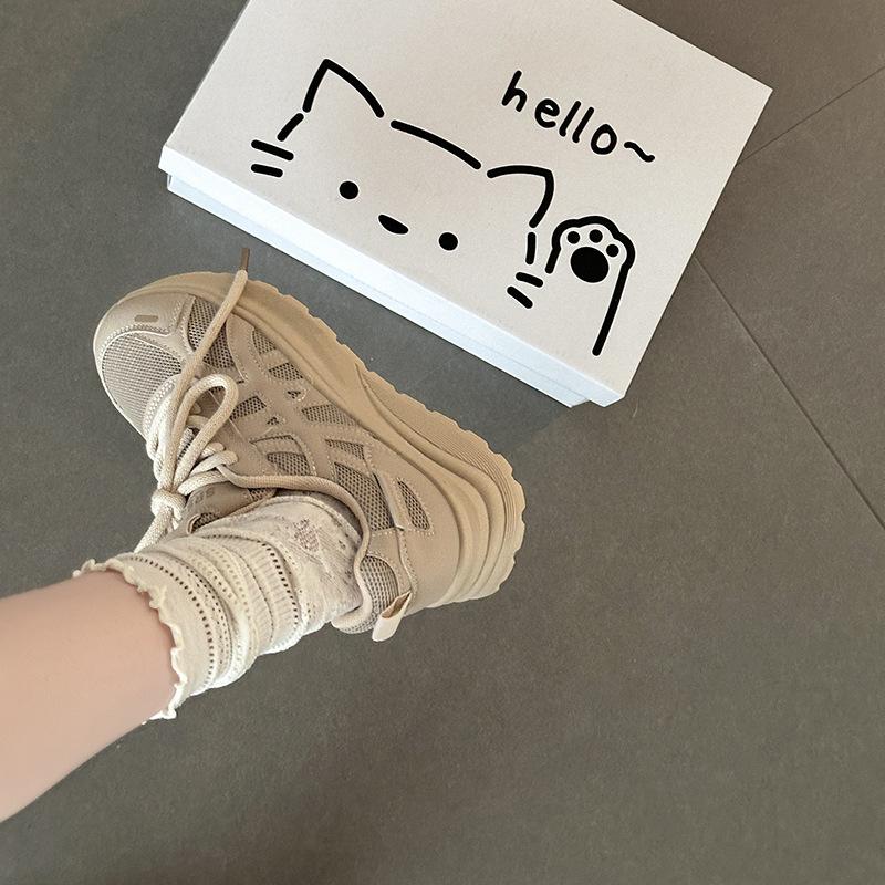 Fashion retro thick baseplate shoes splicing mesh shallow mouth sports shoes women's summer casual lace-up dad shoes running shoes