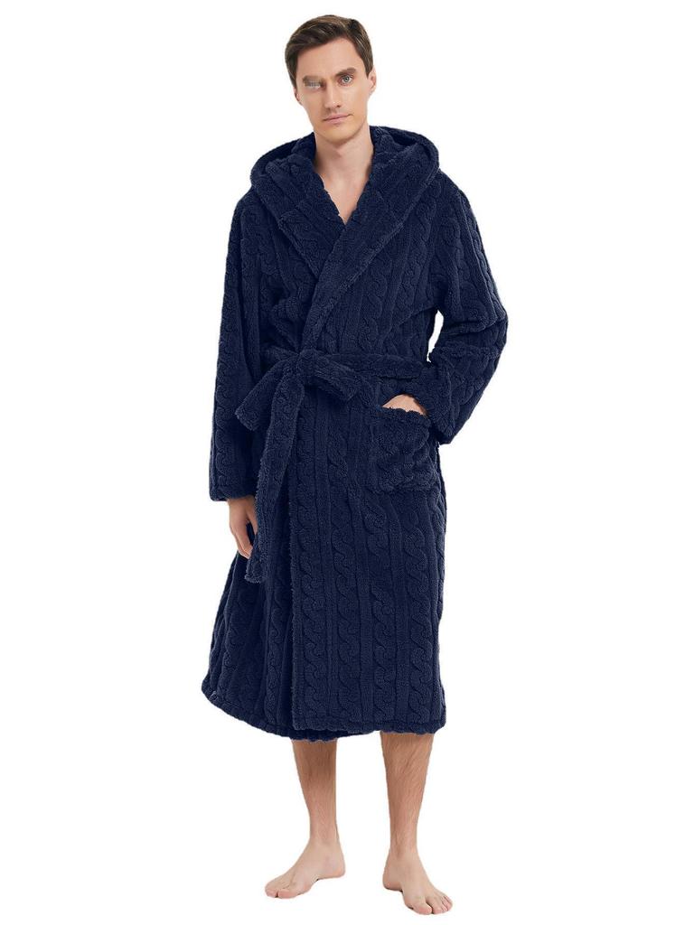 Large Cotton Velvet Jacquard Hooded Men's Nightgown - European & American Style, Thickened for Autumn/Winter, Unisex.