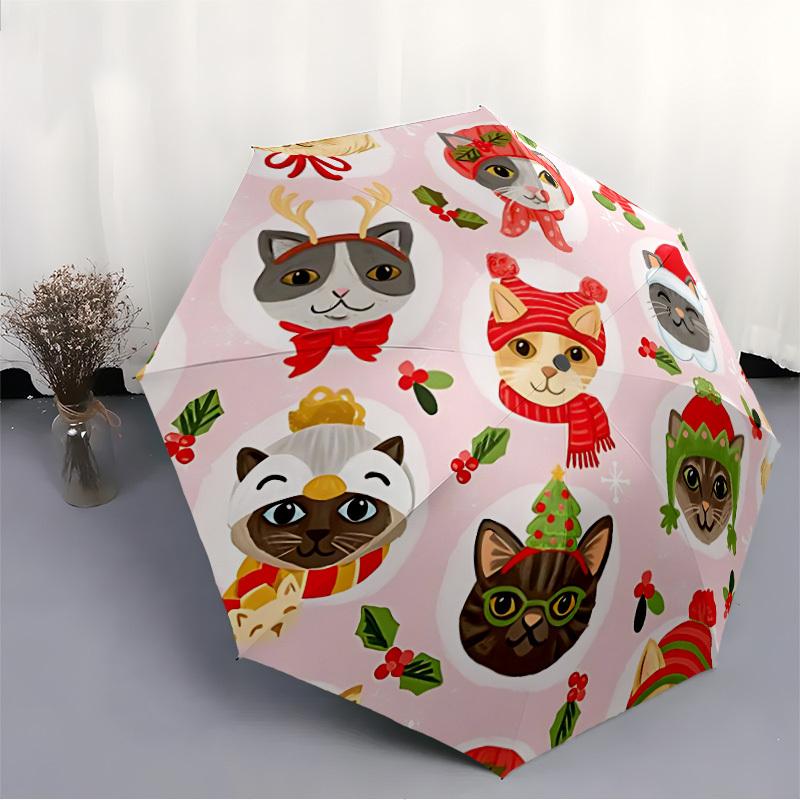 1 Stück Weihnachts-Katzen-Print Automatischer Öffnungs-/Schließ-Faltregenschirm - Kompaktes 8-Rippen-Design, Tägliche Nutzung, Perfektes Geschenk für Freunde & Familie yy251124179