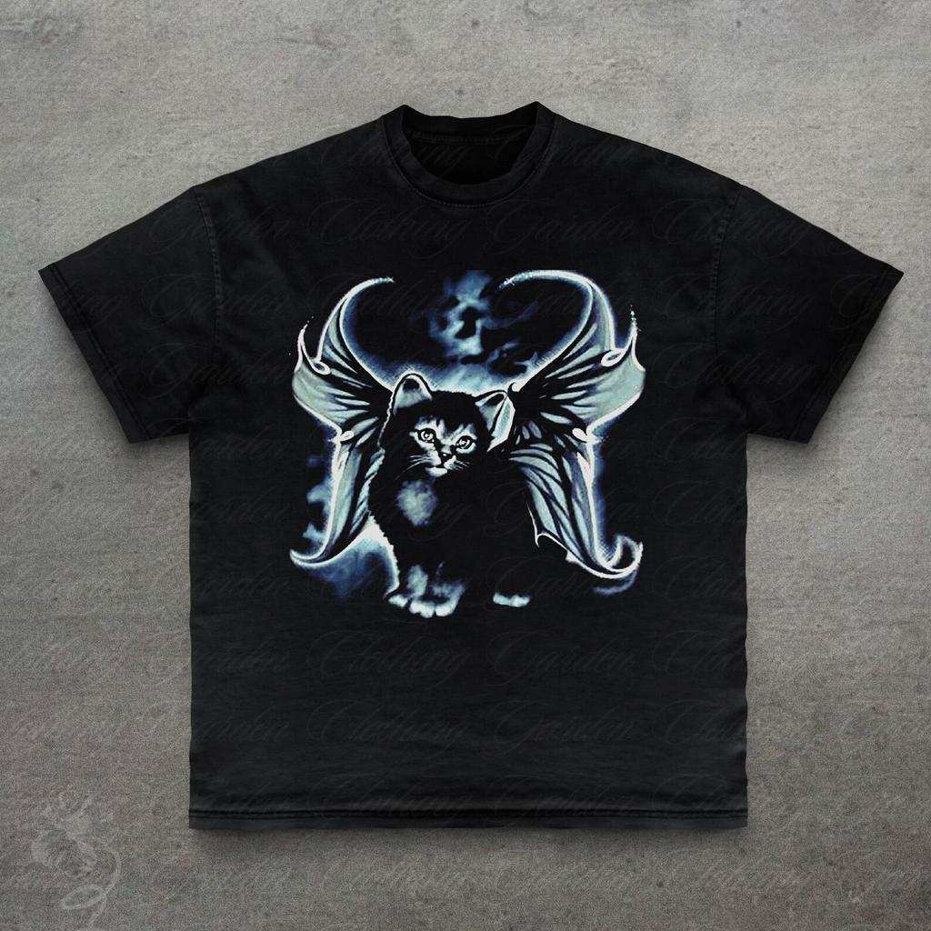 2000s Cat Graphic Tee, Gifts For Cat Lovers, Cute Grunge Gothic T-Shirt for Men Women, Dark Winged Cat Top, Goth Alt Girl Clothing, Unisex