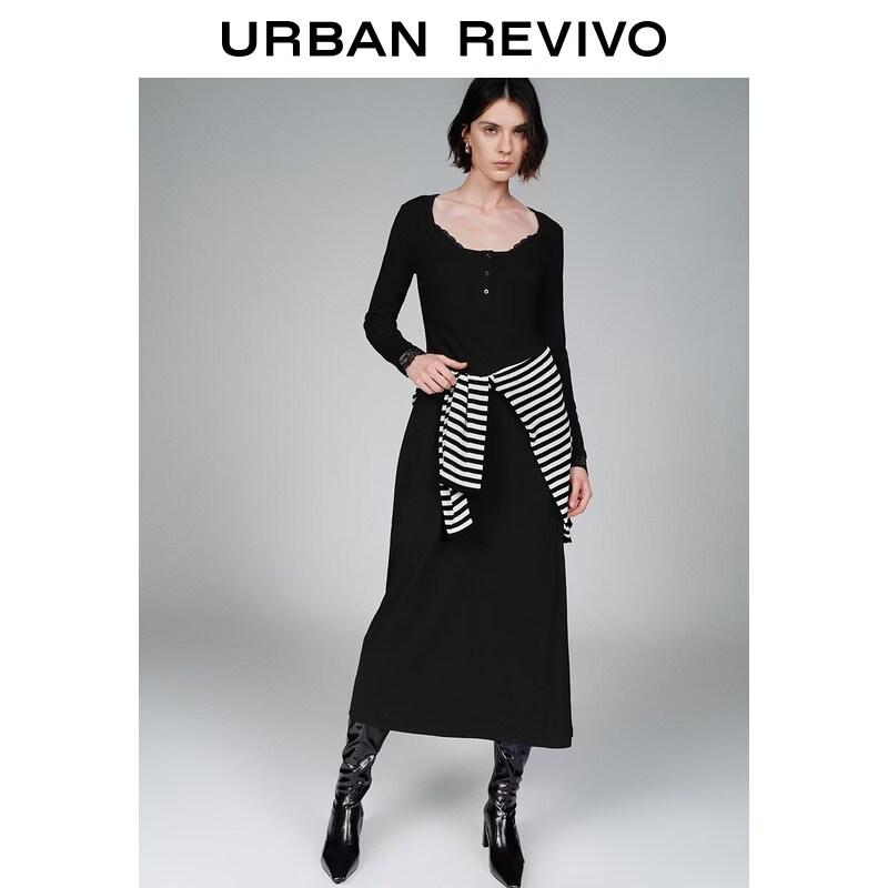 UR 2026 Spring Lace-Panel Button-Detail Slim Long Dress