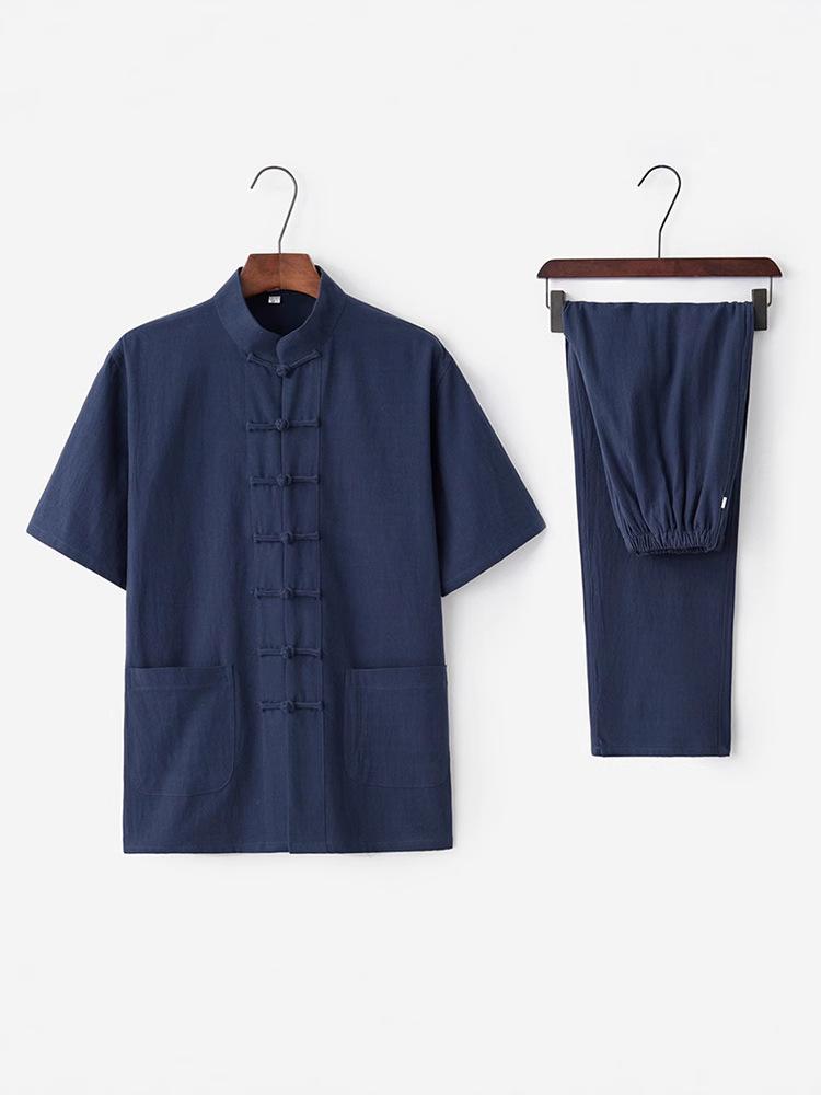 Tang-Anzug aus Baumwolle und Leinen für Herren: Kurzärmlig, Froschverschluss, Chinesischer Stil, Perfekt für Sommer und ältere Männer.