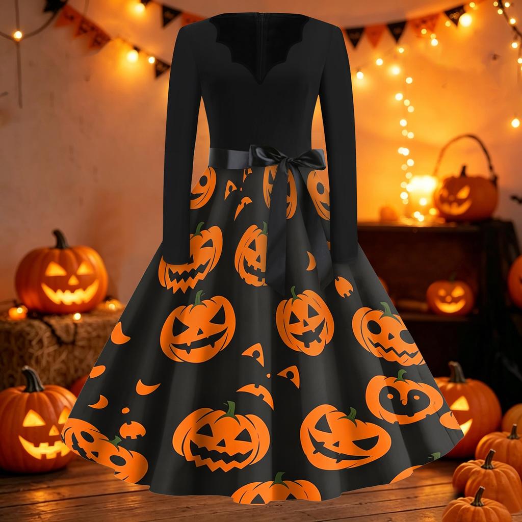 Women's Halloween Print V-Neck Vintage Dress - Casual Fashion for Party, Daily Wear and Photo Shoots