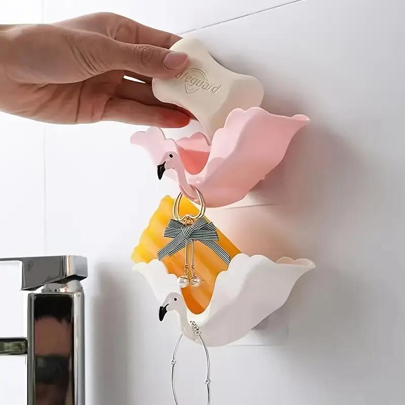 1PCS Household Multifunctional Flamingo Punch-free Soap Box Soap Box Drain Wall-mounted Creative Soap Box