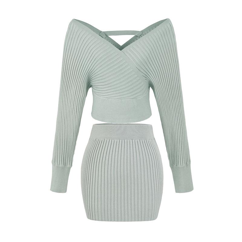 Korean Style 2026 V-Neck Off-Shoulder Knit Top + High-Waist Skirt Set for Women