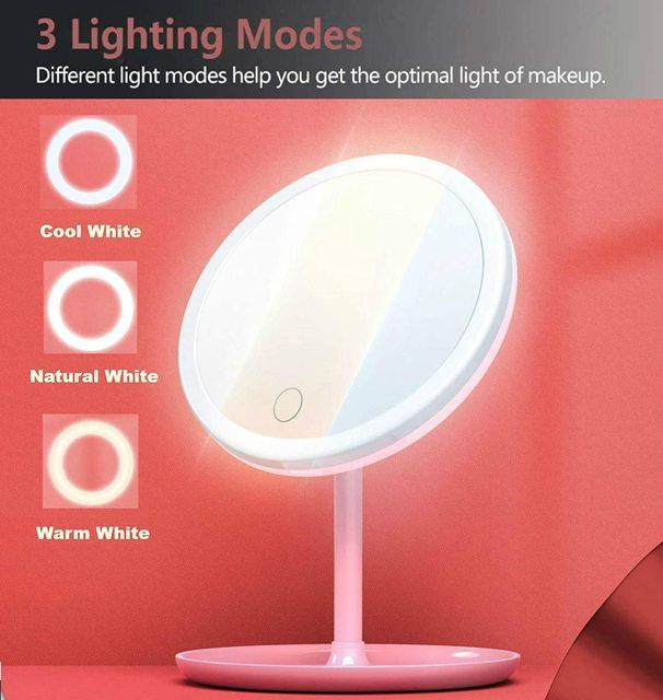 LED Makeup Mirror With Light Lamp With Storage Desktop Rotating Cosmetic Mirror Light Adjustable Dimming USB Vanity Mirror