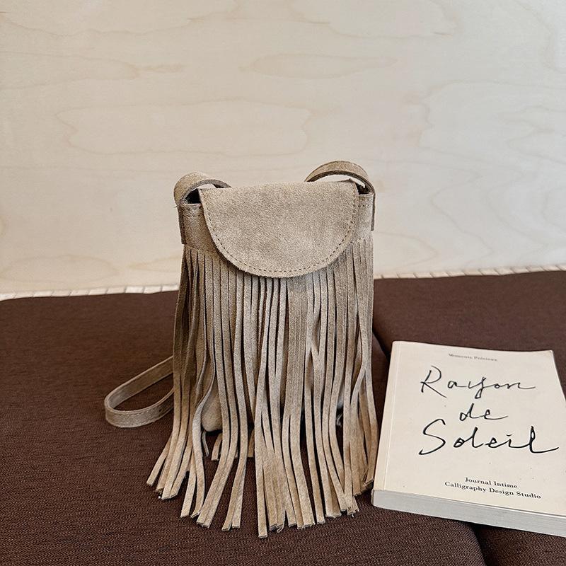 2025 Autumn Retro Matte Suede Fringed Mobile Phone Bag Women's Fashion Trendy Temperament Suede Single Shoulder Messenger Bag
