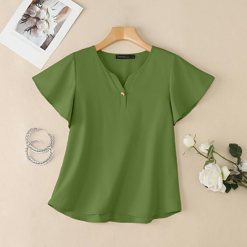 ZANZEA Women Casual V-Neck Loose Summer Short Sleeve Blouse