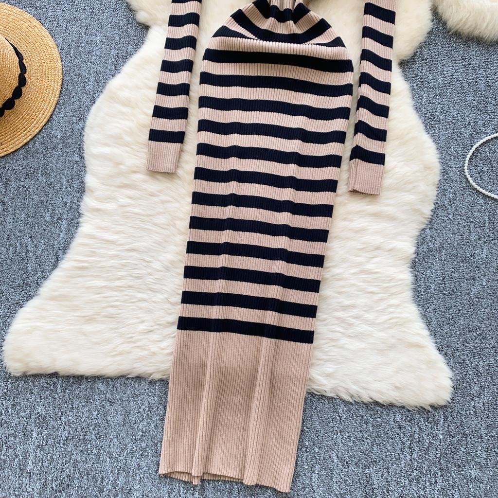 Rochii pulover femei cu gât înalt toamna 2024 sexy slim fit rochie tricotată tricotată cu dungi cu culoare blocată, îmbrăcăminte de stradă Rochii șic