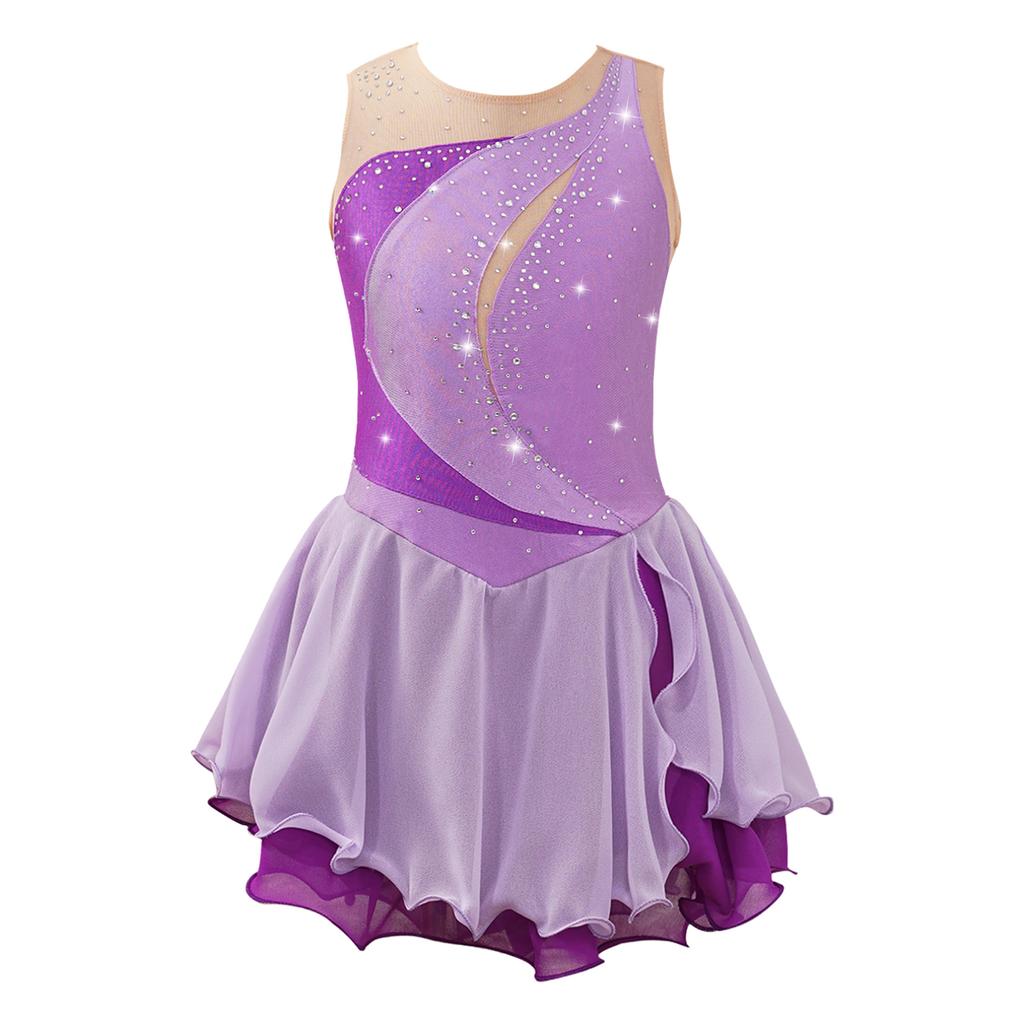 Kids Girls Sleeveless Figure Skating Dress Shiny Rhinestone Ballet Gymnastics Dance Leotard Stage Performance Costume