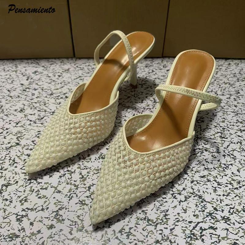 Fashion Brand Fashion Woven Mesh Beading Women Pumps Elegant Pointed Toe Chic Thin High Heels Summer Classic Slingback Office Lady Shoes