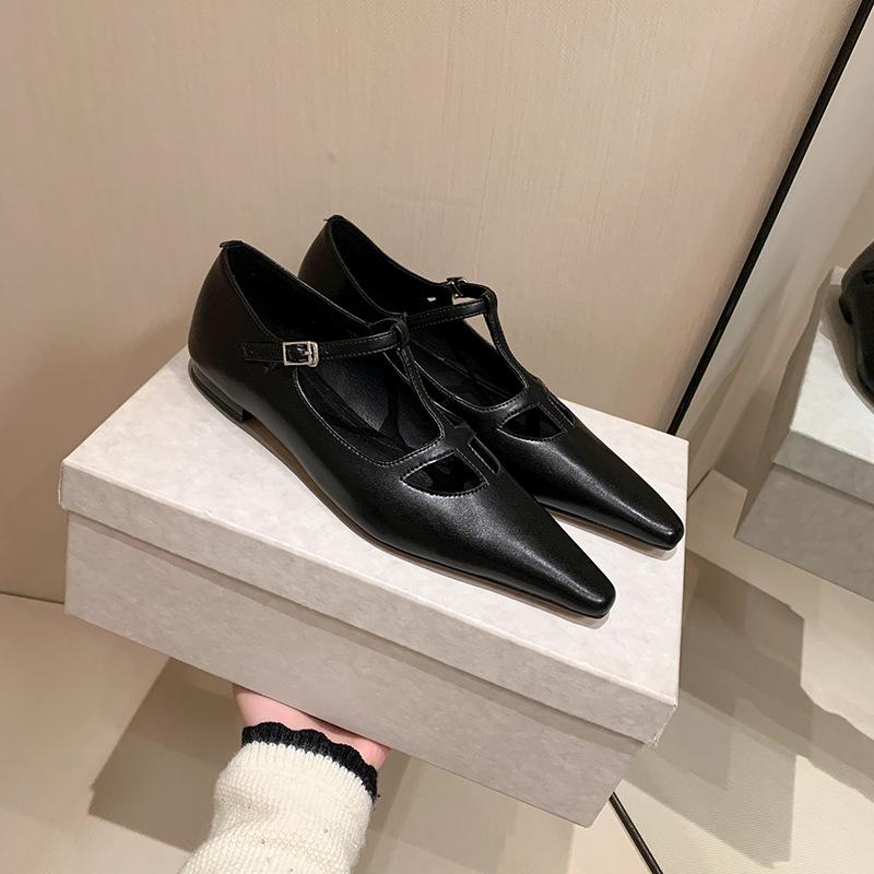 

Французские ретро туфли-лодочки с острым носком и неглубоким вырезом, весенние новые одинарные туфли, женские кожаные туфли-мэри джейн на плоской подошве, универсальные, с вырезами 37 чёрный