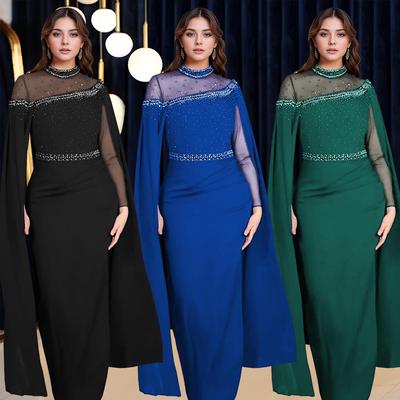 C7280 Europäisches Chiffon-Netz-Abendkleid mit Perlen und Umhangärmeln.