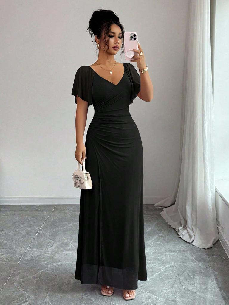 2026 Cross-border Europe, America, Amazon's New V-neck Cross-waist Fishtail Skirt, Flying Sleeve Pleated Temperament Hip Skirt