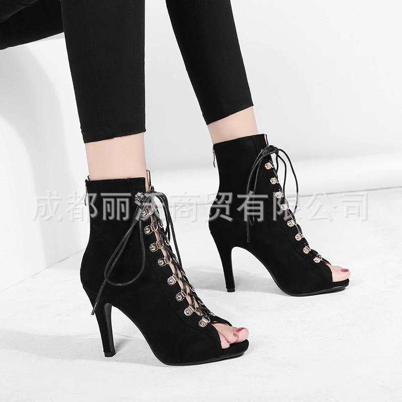 European and American plus size jazz dance dance mesh cool boots heels lace up jazz high heels