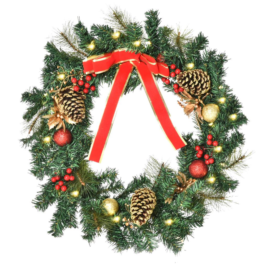 60cm Pre-Lit Artificial Christmas Door Wreath Holly LED Decor Pine Cones Hanging Glittered Festival Indoor Decoration