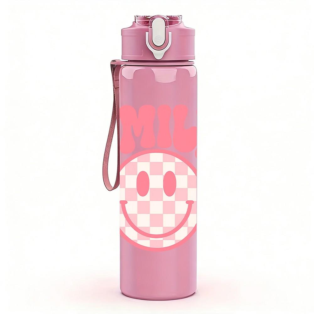 1PC Checkered Smile SMILE Letter 750ml Color Plastic Sports Water Bottle Leakproof Flip Straw Lid Suitable for Sports Office Home Use