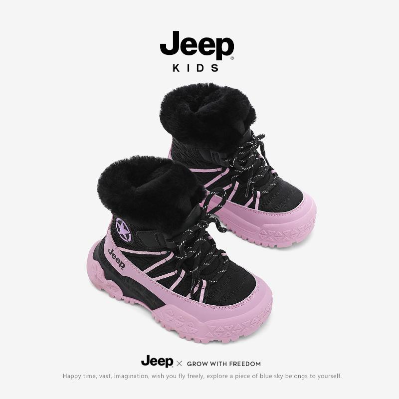 JEEP Kids Waterproof Snow Boots 2025 Winter Velvet-Lined, Thickened Children's Cotton Shoes.