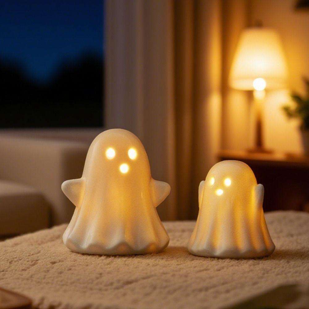 2pcs Cute Halloween LED Ghost Ornaments Ceramic Small Ghost Figurines  Cabinet