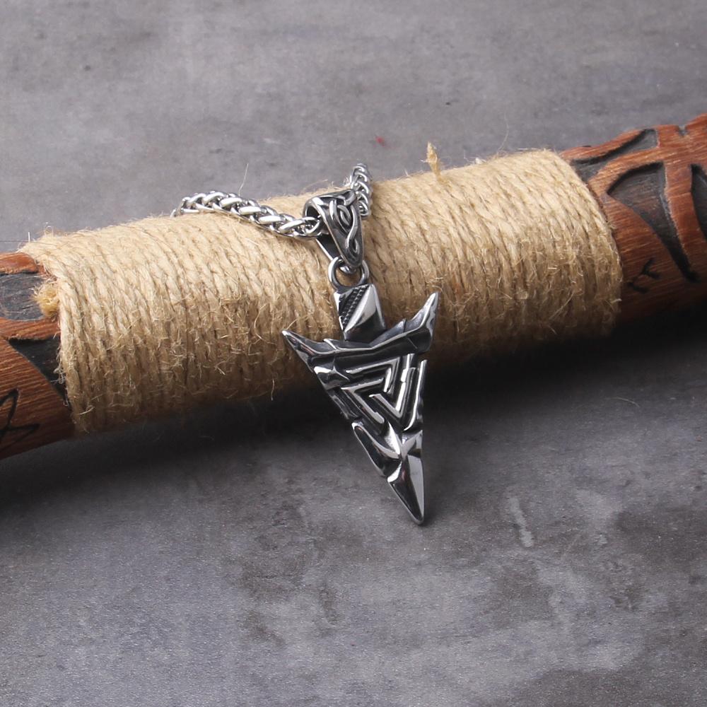 Odin Valknut Rune Necklace - Men's Stainless Steel Necklace, Viking Spear
