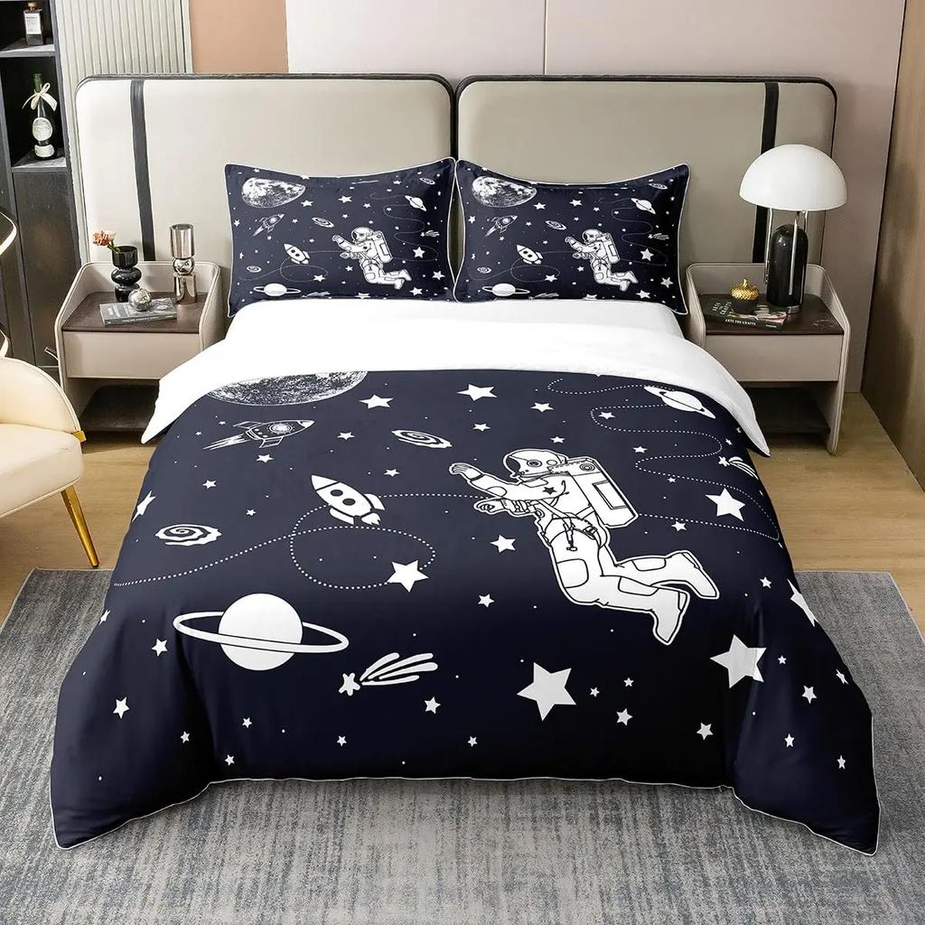 Kids Bedding Decorations, Full Size Astronaut Space Suit Pattern for Boys, Starry Sky Comforter Cover 3 Pcs with 2 Pillow Sham