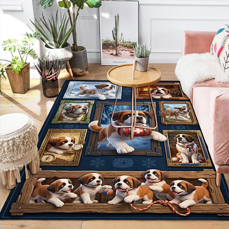 Saint Bernard Puppies Adventure Pattern Rug Floor Mat for Living Room or Bedroom Soft and Comfortable Carpet a Gift for Birthday and Holiday.