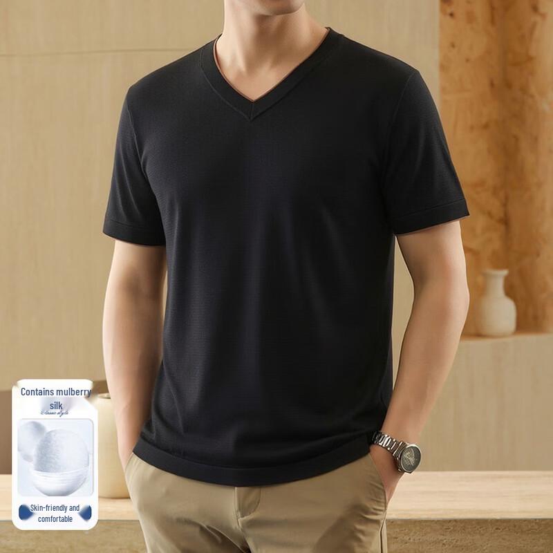 VEE KELLEN Men's Silk Blend V-Neck Short Sleeve T-Shirt