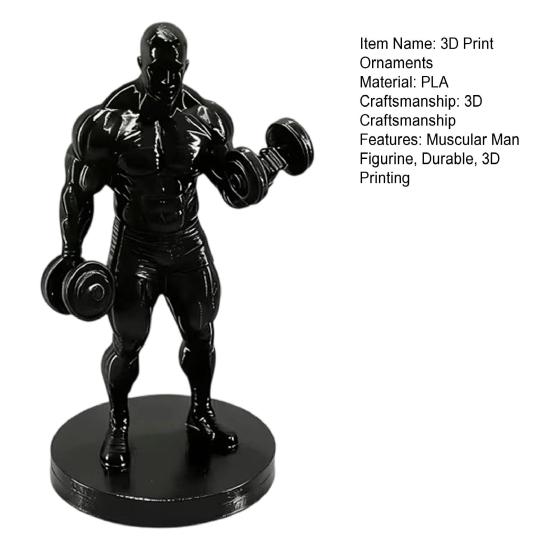 3D Printed Weightlifter Ornament, Black Statue Muscular Man Figurine, with Dumbbells Gym Tabletop Sculpture Gift for People Love Fitness