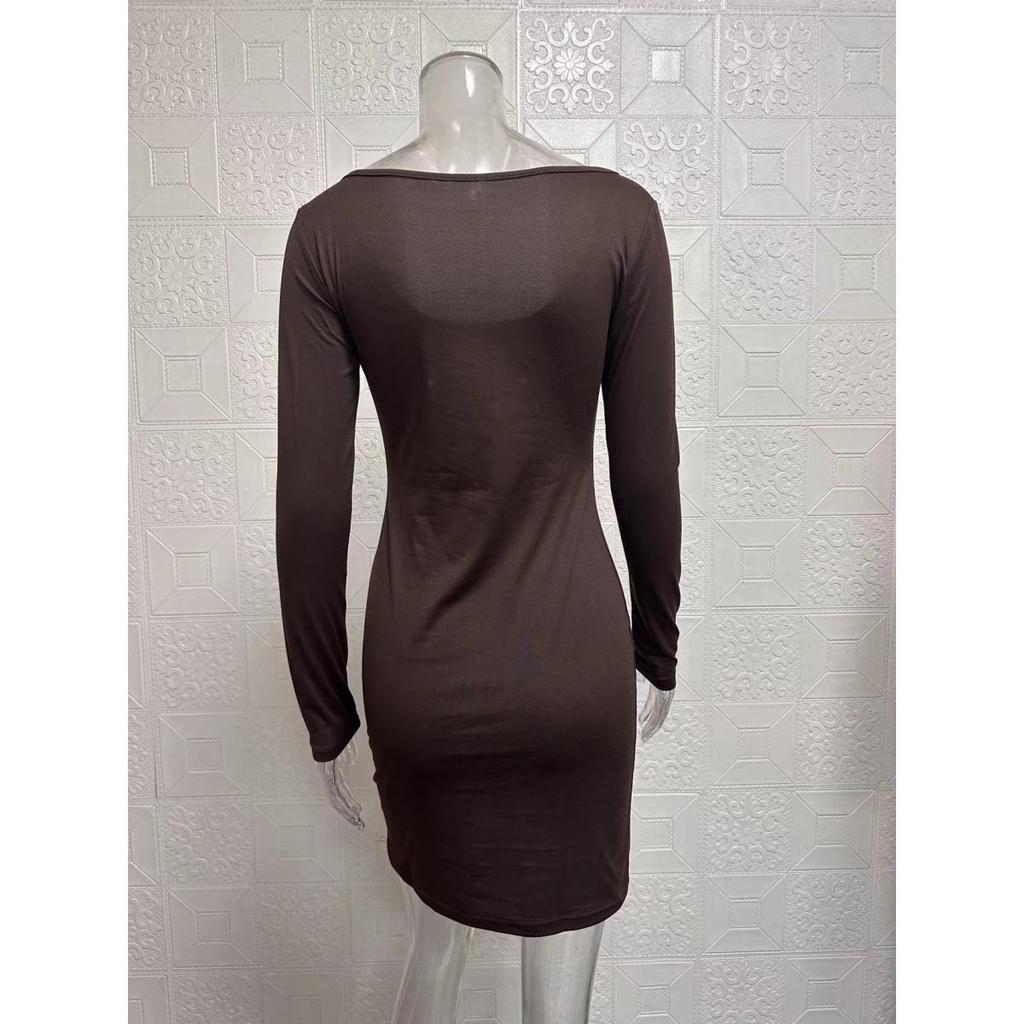 Women's long-sleeved U-neck sexy tight short dress