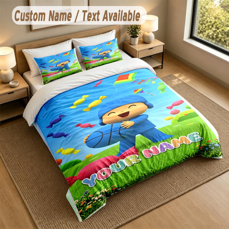 Set Biancheria da Letto 3 Pezzi con Testo Nome Personalizzato, Pocoyó 1 Copripiumino 2 Federe Morbido Lino da Letto Per Regalo