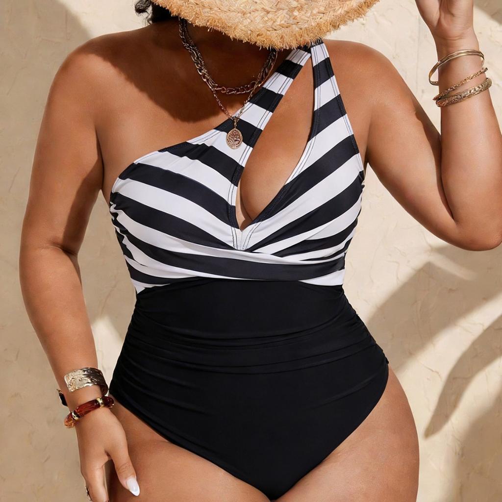 Striped Printed One Shoulder Hollow Out Sexy One Piece Bikini Swimsuit Women Fashion Elegant Beach Vacation Swimwear