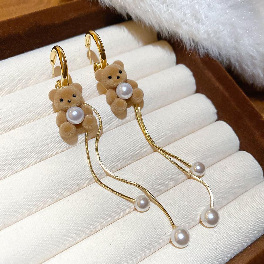 Серьги-пусеты с бахромой и жемчугом в виде медведя, осенне-зимние, ретро, с характером, серьги