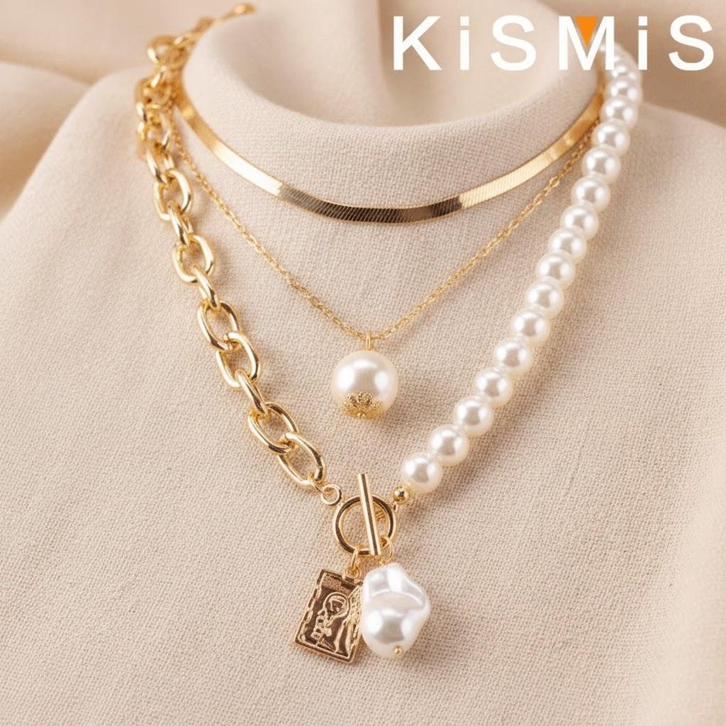 Retro Copper Snake Chain Baroque Pearl Multilayer Necklace Set Fashion Jewelry 2Pcs Accessories