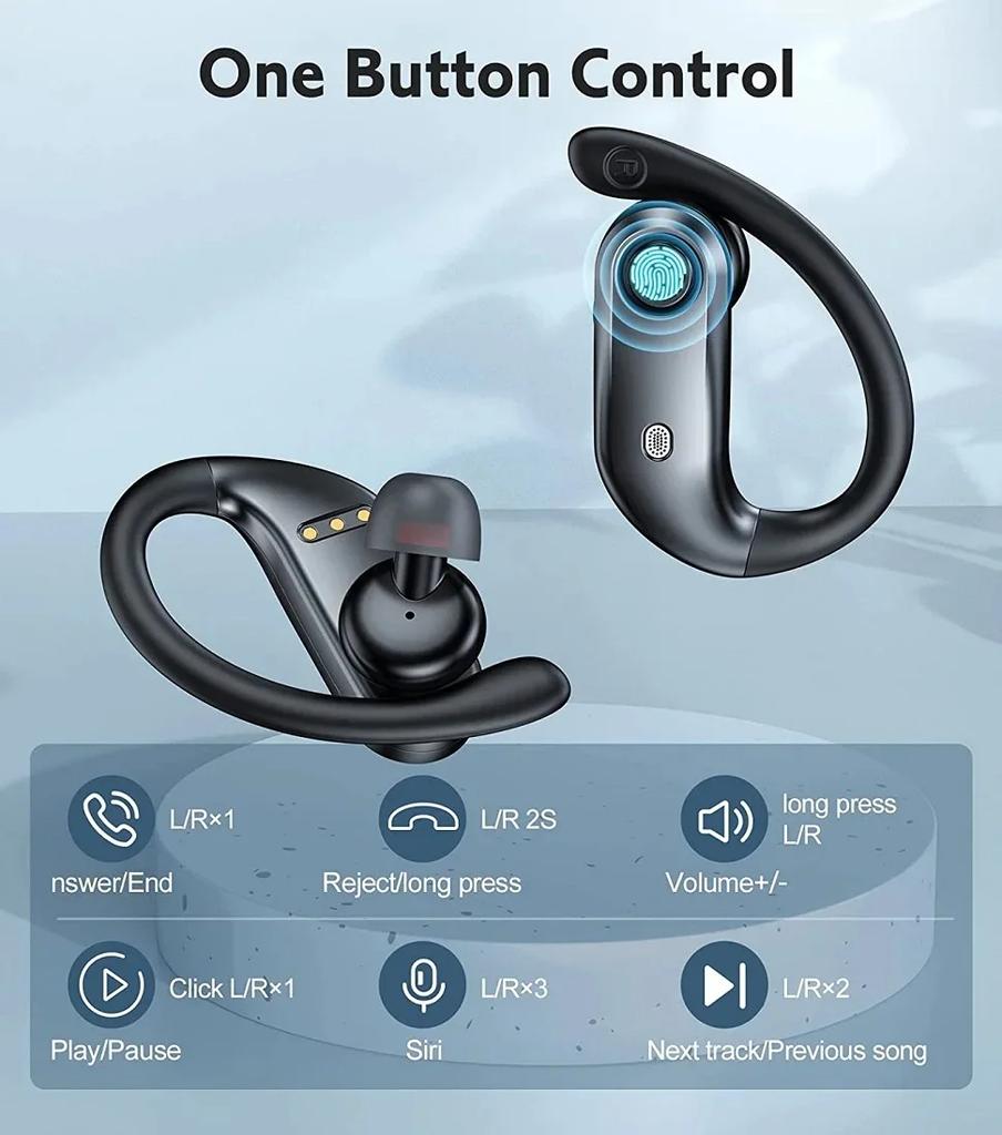 Sports Bluetooth Earphones IPX7 Waterproof Wireless Headphones 48hrs Music with Mic LED Power Display Soft Earhook TWS Earbuds
