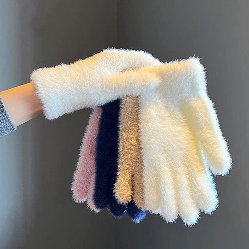 Plush Finger slipping Gloves for Warm Winter Women's Imitation Rabbit Fur Plus Velvet Thickened Cold Proof Travel Students' Riding Cute Trend